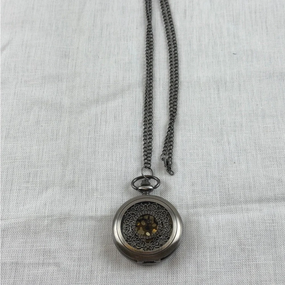 Gunmetal Filigree Skeleton Pocket Watch Vintage Ornate Engraved Case Steampunk